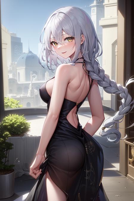 63085-3010242923-masterpiece, best quality,1girl,solo,braid, white hair, light smile, canyon,sky, hand on own ass,looking back,.png